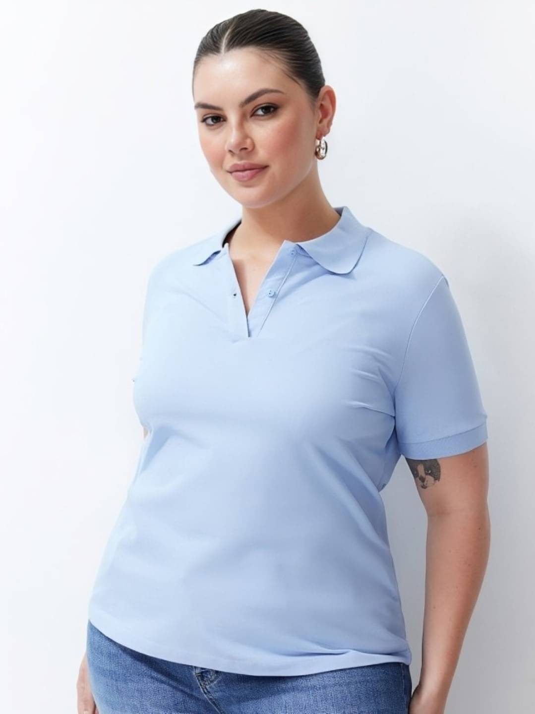     			PLUS PARADISE Women Cotton Blend Solid Regular Fit Polo Collar T-Shirt ( Blue )