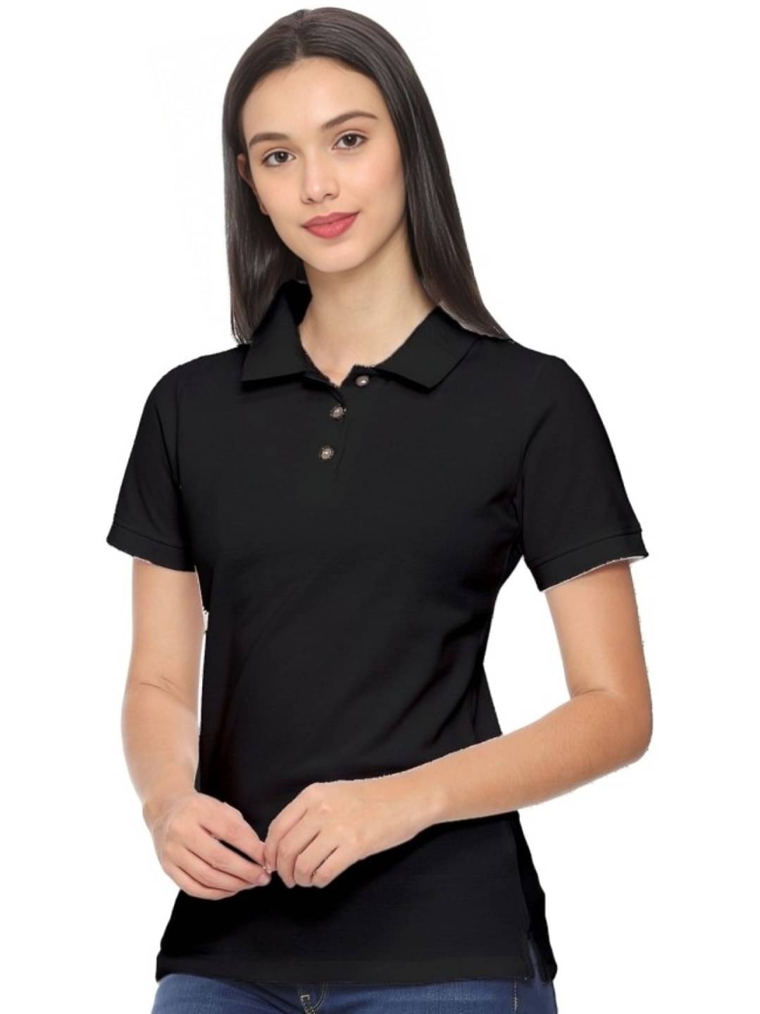     			PLUS PARADISE Women Cotton Blend Solid Regular Fit Polo Collar T-Shirt ( Black )