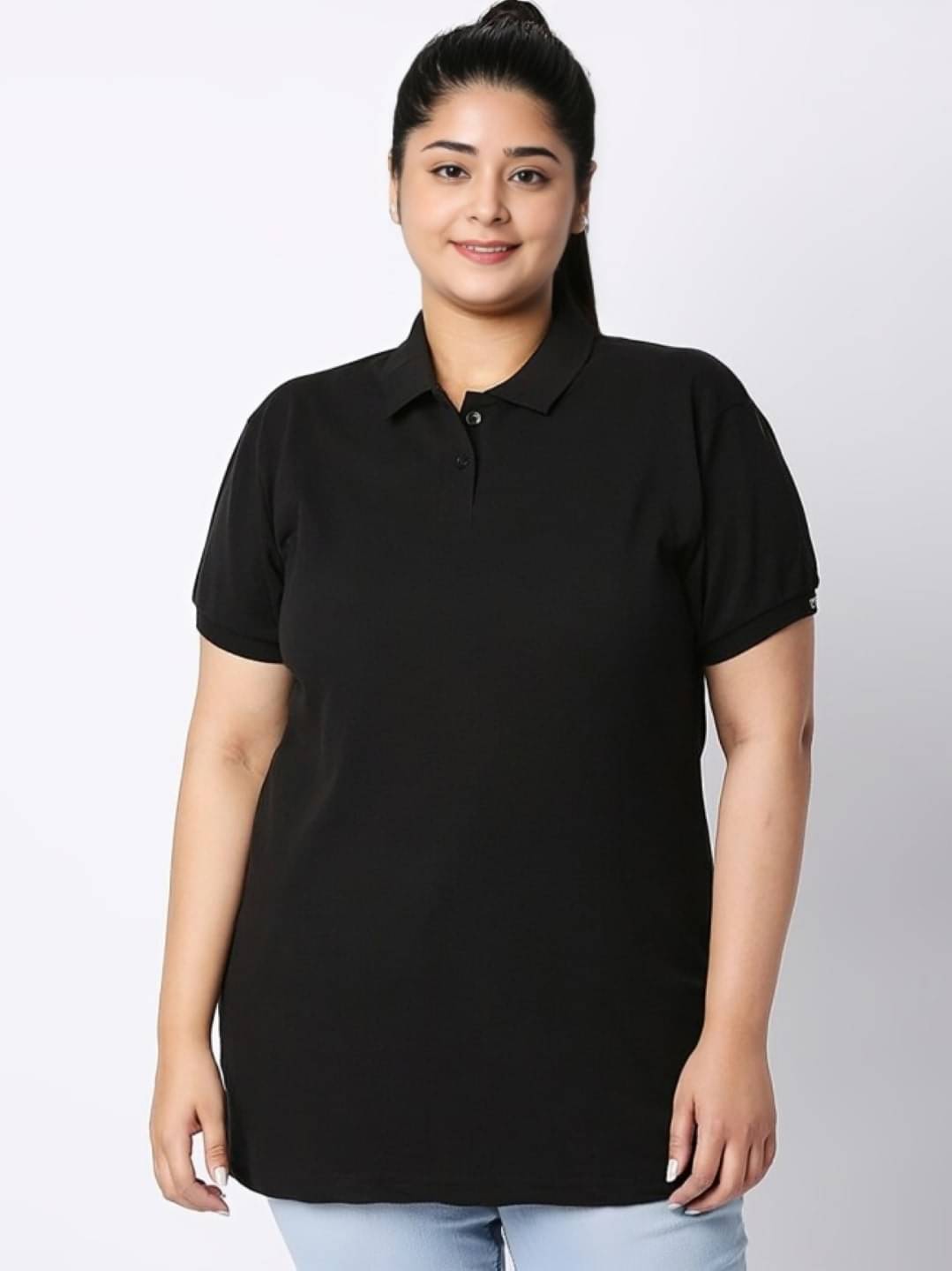     			PLUS PARADISE Women Cotton Blend Solid Regular Fit Polo Collar T-Shirt ( Black )