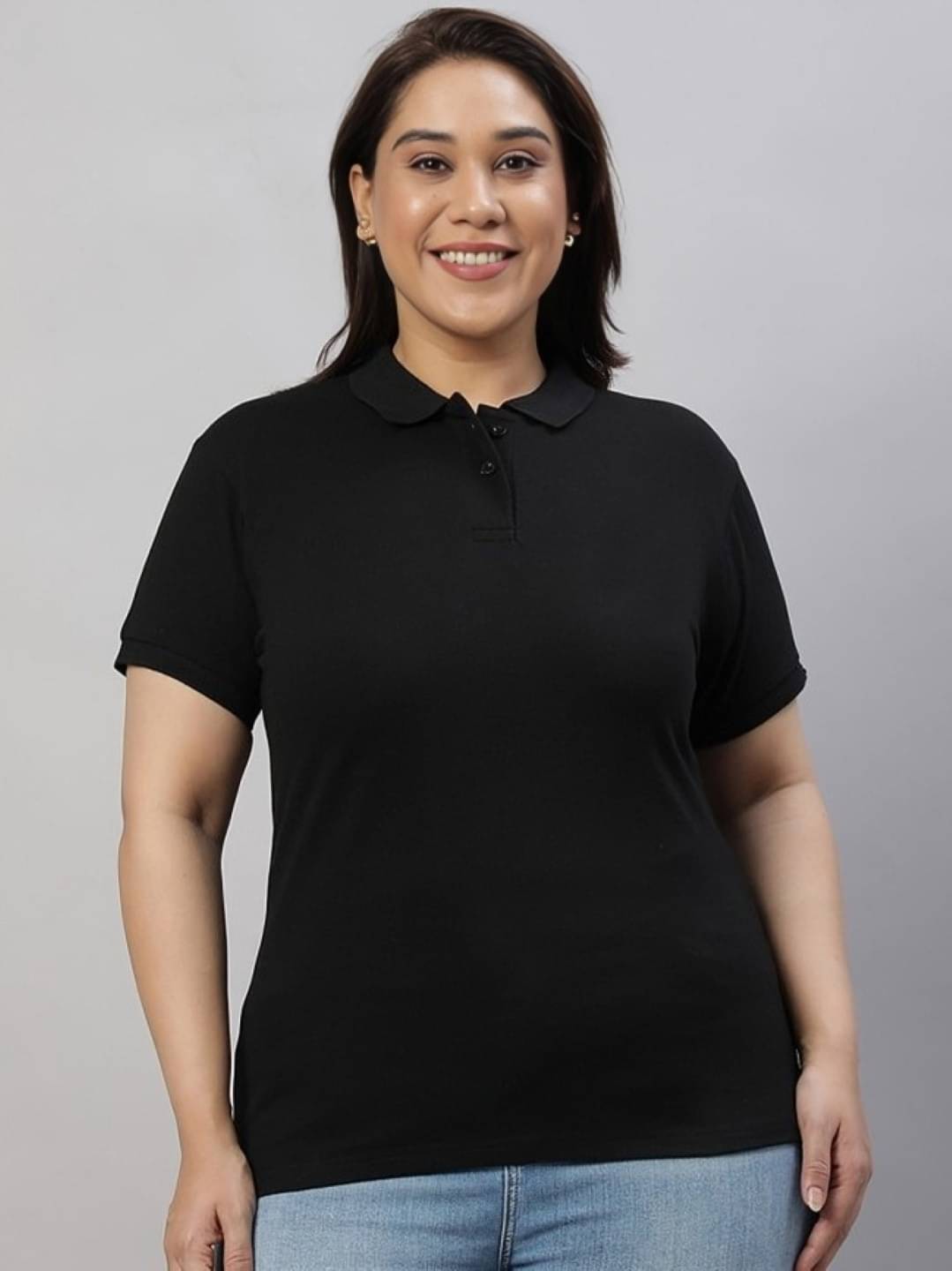     			PLUS PARADISE Women Cotton Blend Solid Regular Fit Polo Collar T-Shirt ( Black )