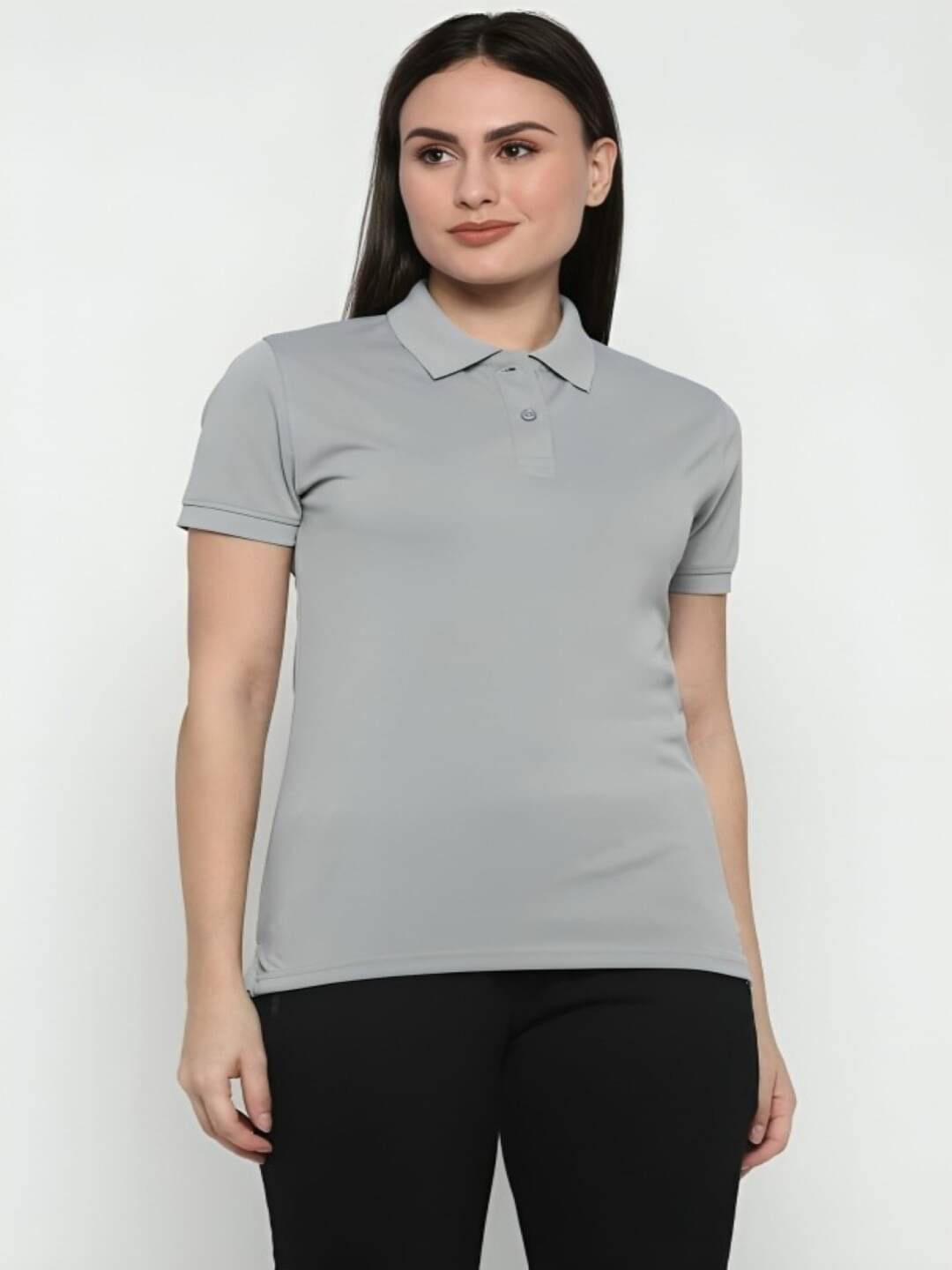 PLUS PARADISE Women Cotton Blend Solid Regular Fit Polo Collar T-Shirt ( Grey )     			PLUS PARADISE Women Cotton Blend Solid Regular Fit Polo Collar T-Shirt ( Grey )