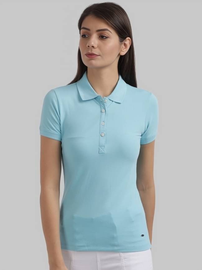 PLUS PARADISE Women Cotton Blend Solid Regular Fit Polo Collar T-Shirt ( Blue )     			PLUS PARADISE Women Cotton Blend Solid Regular Fit Polo Collar T-Shirt ( Blue )