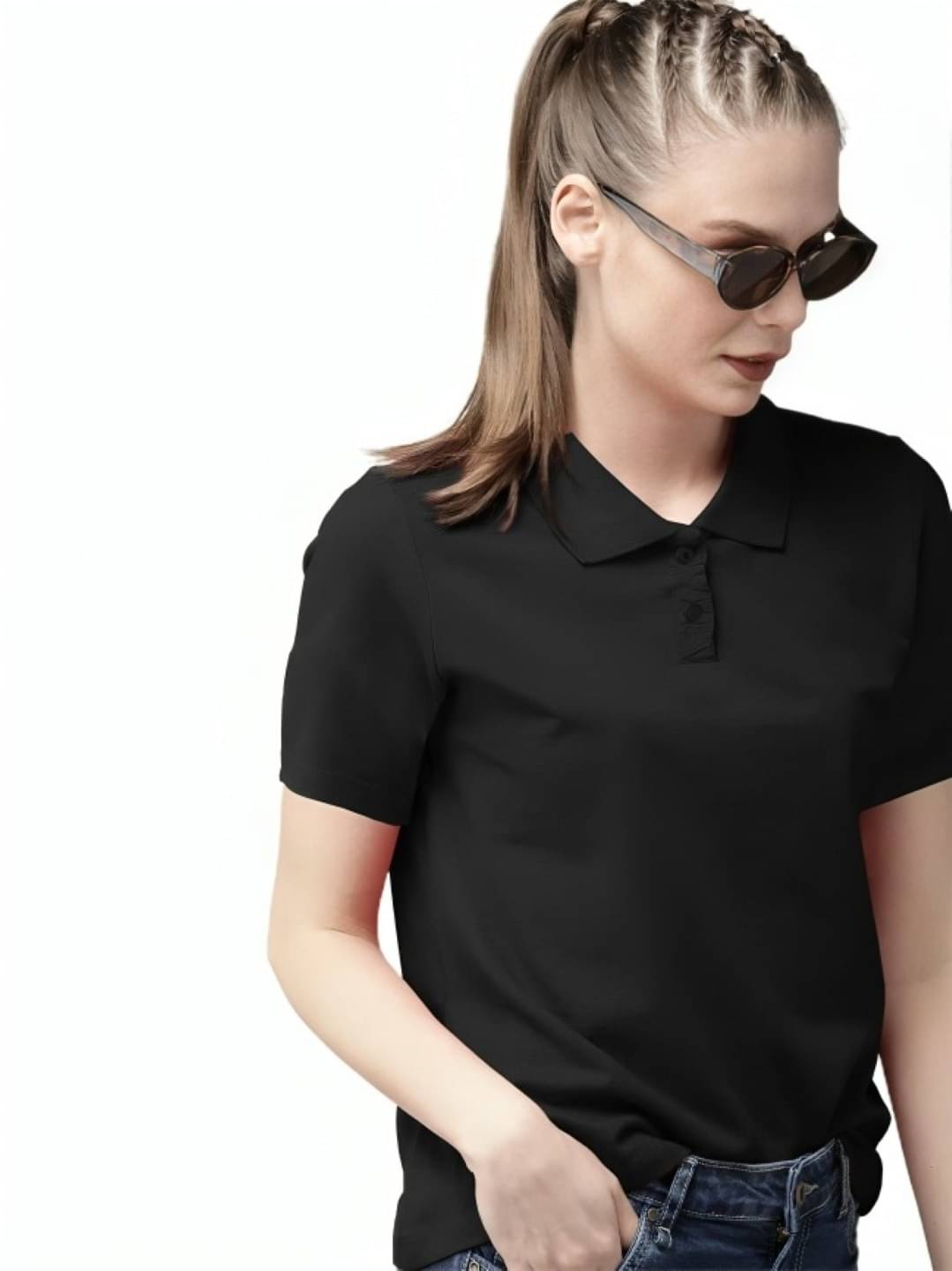     			PLUS PARADISE Women Cotton Blend Solid Regular Fit Polo Collar T-Shirt ( Black )