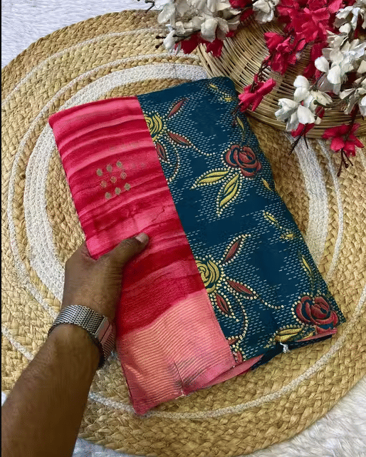     			R K S M Chiffon Printed Regular Saree With Unstitched Blouse Piece ( Pink )