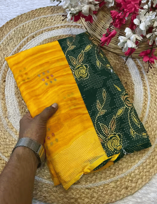 R K S M Chiffon Printed Regular Saree With Unstitched Blouse Piece ( Yellow ) R K S M Chiffon Printed Regular Saree With Unstitched Blouse Piece ( Yellow )