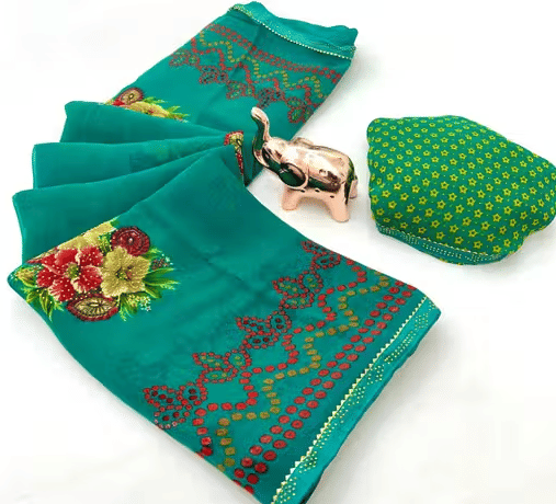 R K S M Georgette Printed Regular Saree With Unstitched Blouse Piece ( Teal ) R K S M Georgette Printed Regular Saree With Unstitched Blouse Piece ( Teal )