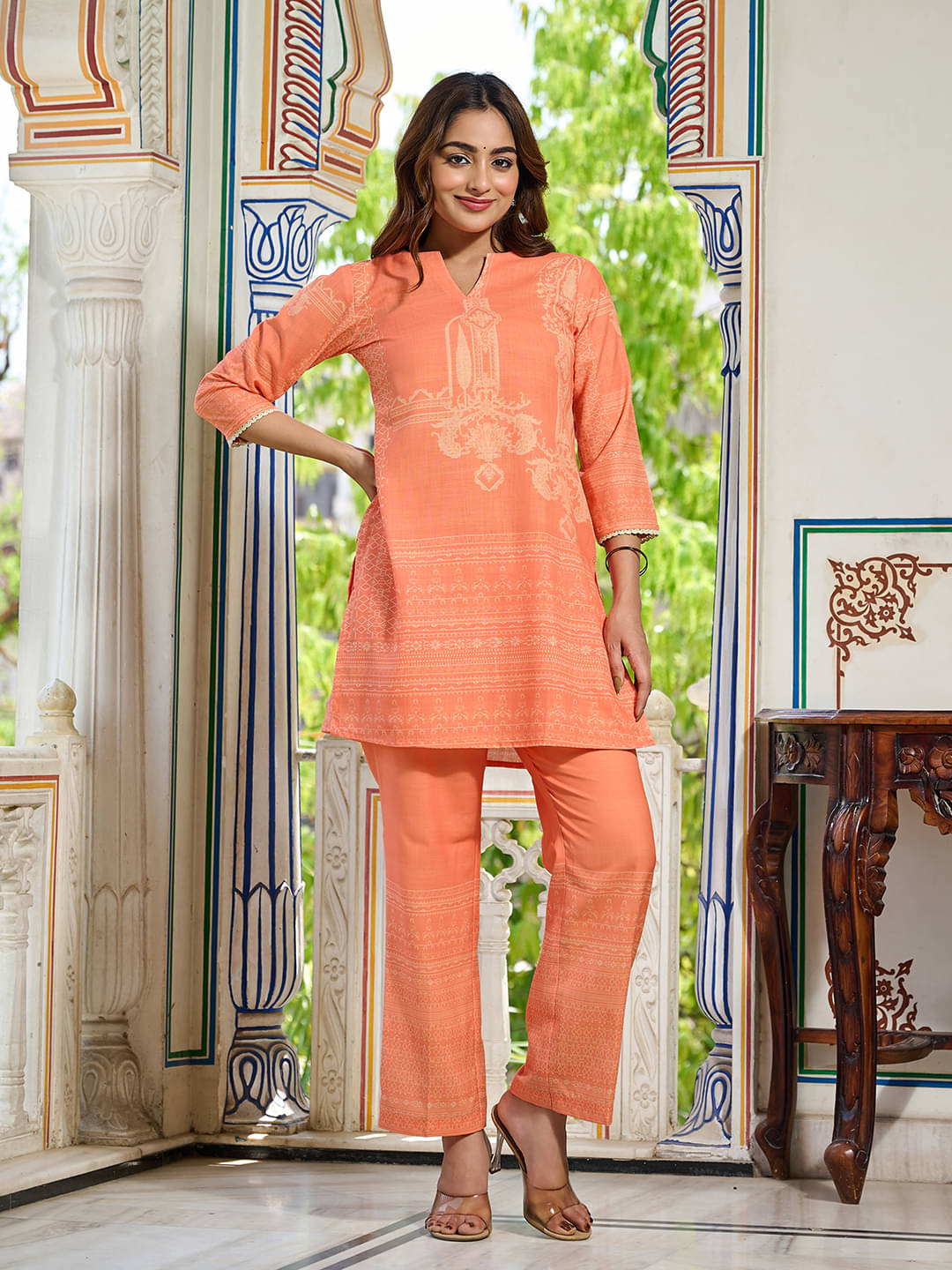     			VIBE VISION Women Printed Top With Trousers Co-Ord Set ( Peach )