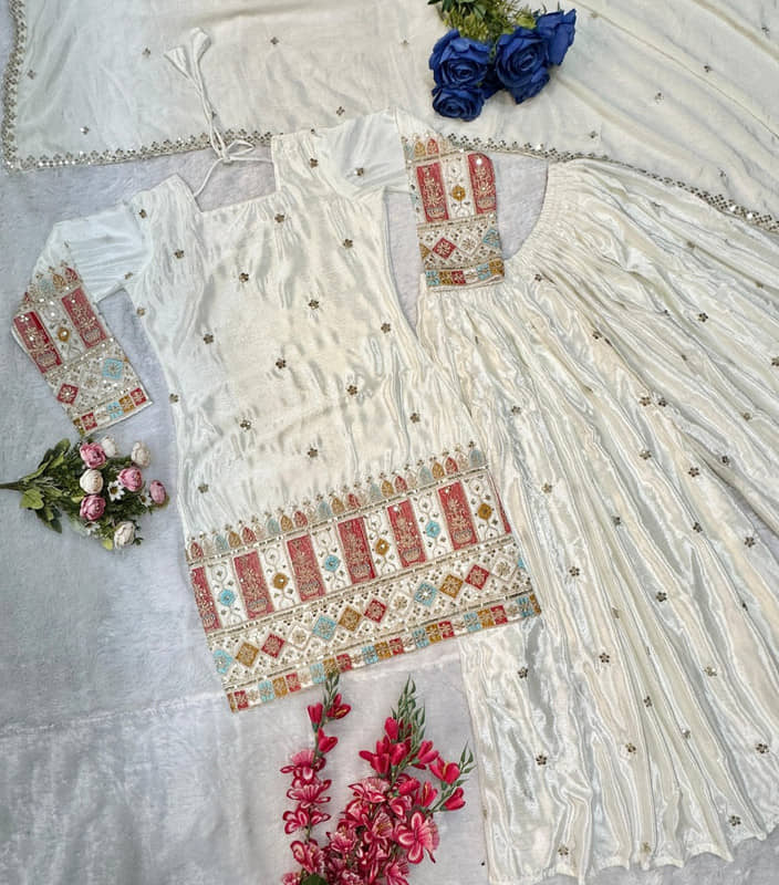 VYOM EMPORIO Women Silk Embroidered Straight Kurti With Sharara And Gharara ( Cream )