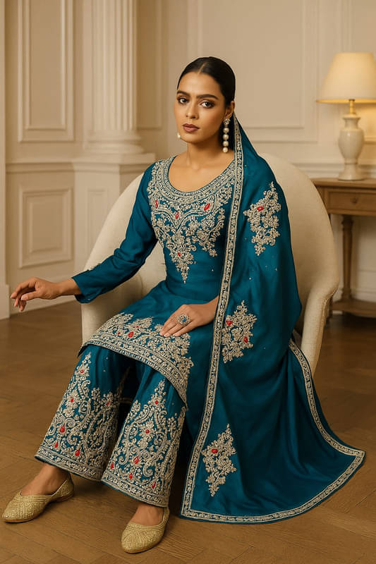 VYOM EMPORIO Women Silk Embroidered Straight Kurti With Sharara And Gharara ( Teal ) VYOM EMPORIO Women Silk Embroidered Straight Kurti With Sharara And Gharara ( Teal )