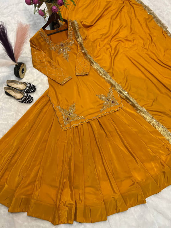 VYOM EMPORIO Women Silk Embroidered Straight Kurti With Sharara And Gharara ( Yellow )
