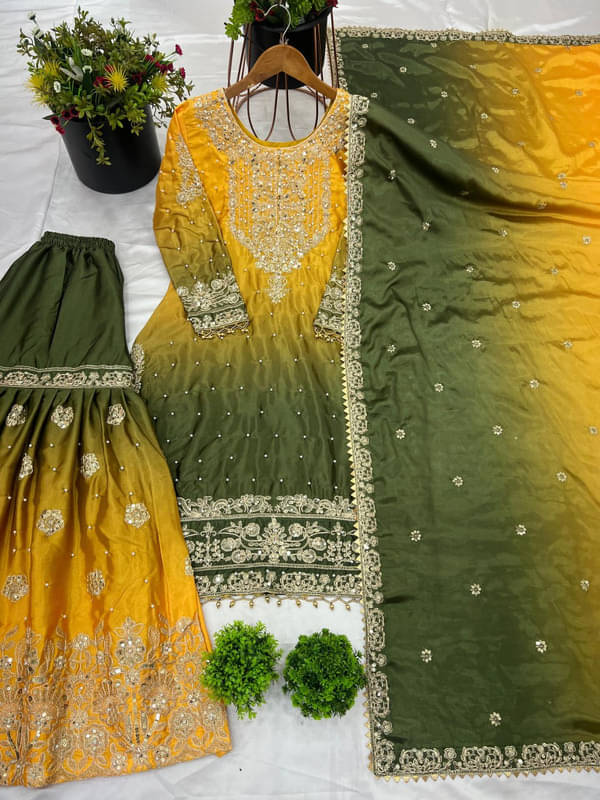 YASHASVI ENTERPRISE Women Silk Embroidered Straight Kurti With Sharara And Gharara ( Green ) YASHASVI ENTERPRISE Women Silk Embroidered Straight Kurti With Sharara And Gharara ( Green )