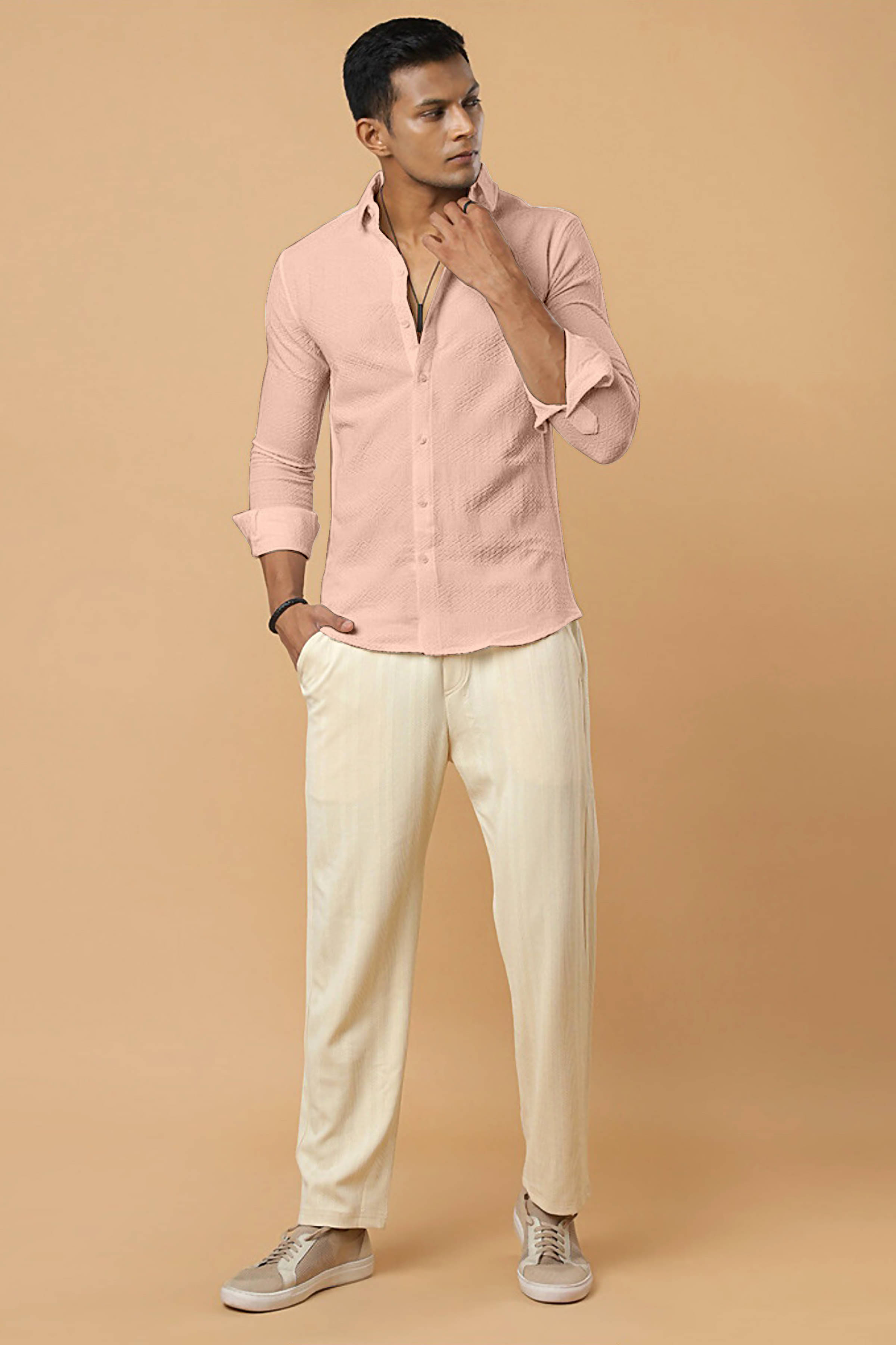     			ZEVBISA Poly Cotton Regular Fit Self Design Full Sleeves Men's Casual Shirt - Peach ( Pack of 1 )
