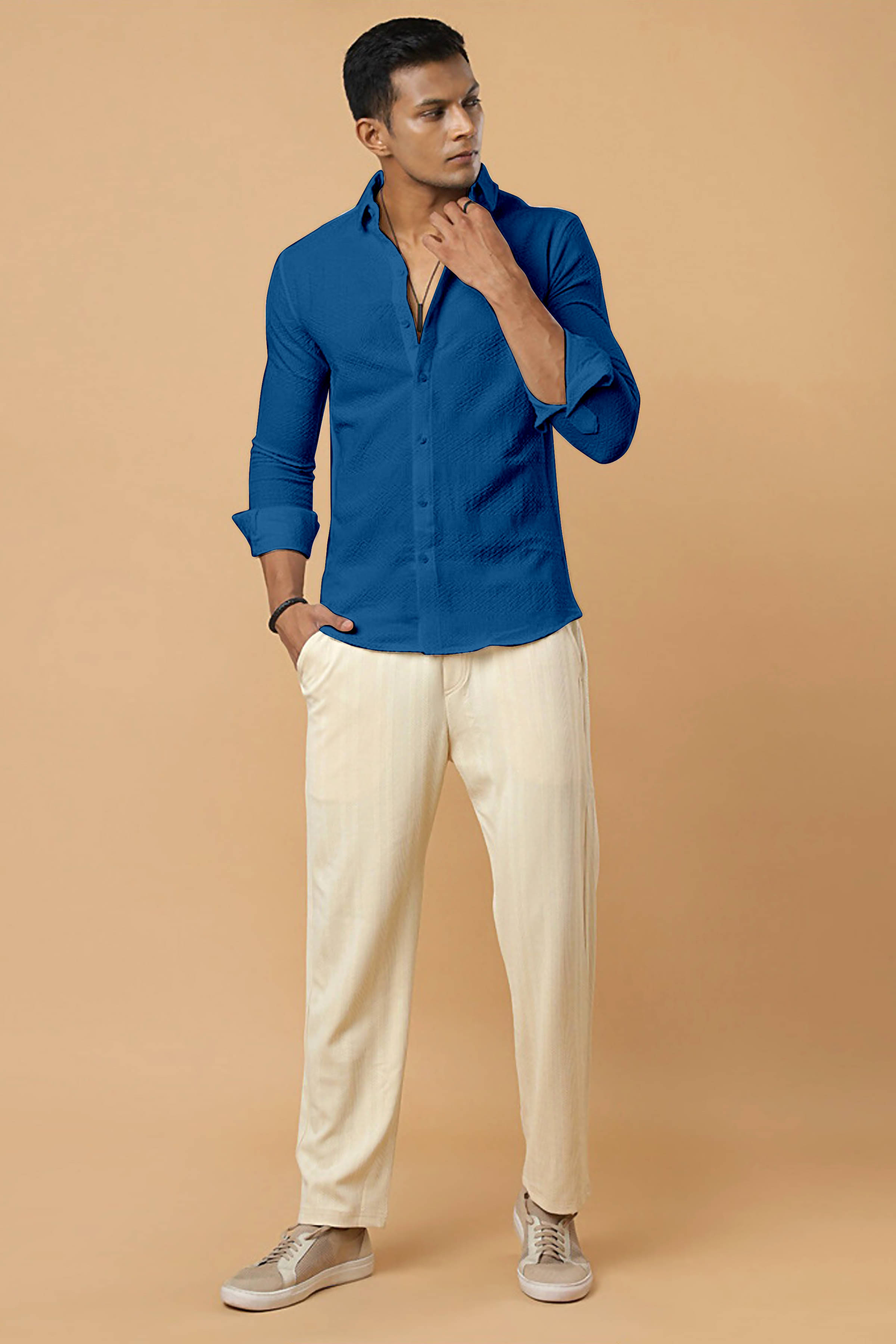     			ZEVBISA Poly Cotton Regular Fit Self Design Full Sleeves Men's Casual Shirt - Navy Blue ( Pack of 1 )