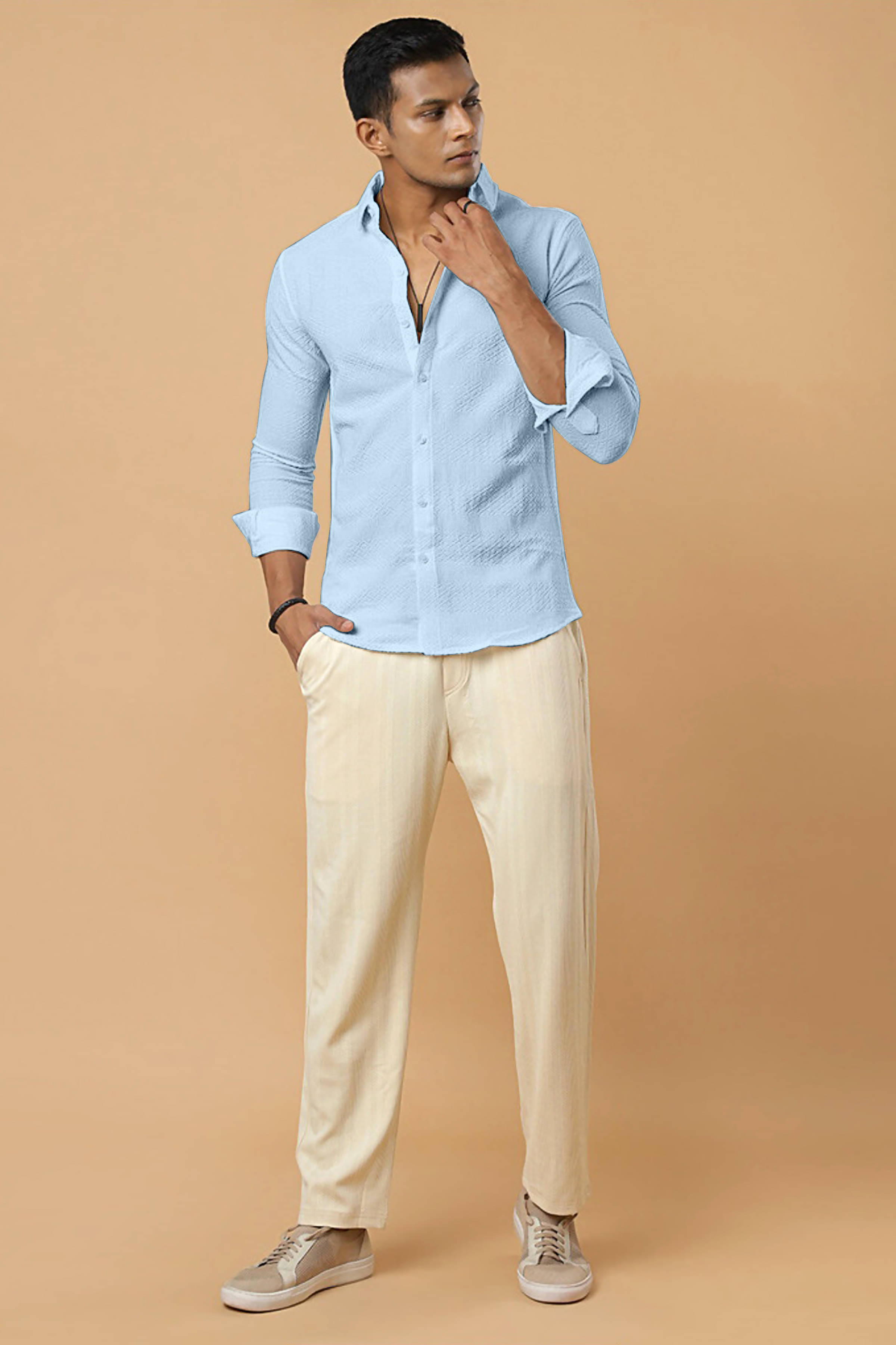     			ZEVBISA Poly Cotton Regular Fit Self Design Full Sleeves Men's Casual Shirt - Light Blue ( Pack of 1 )