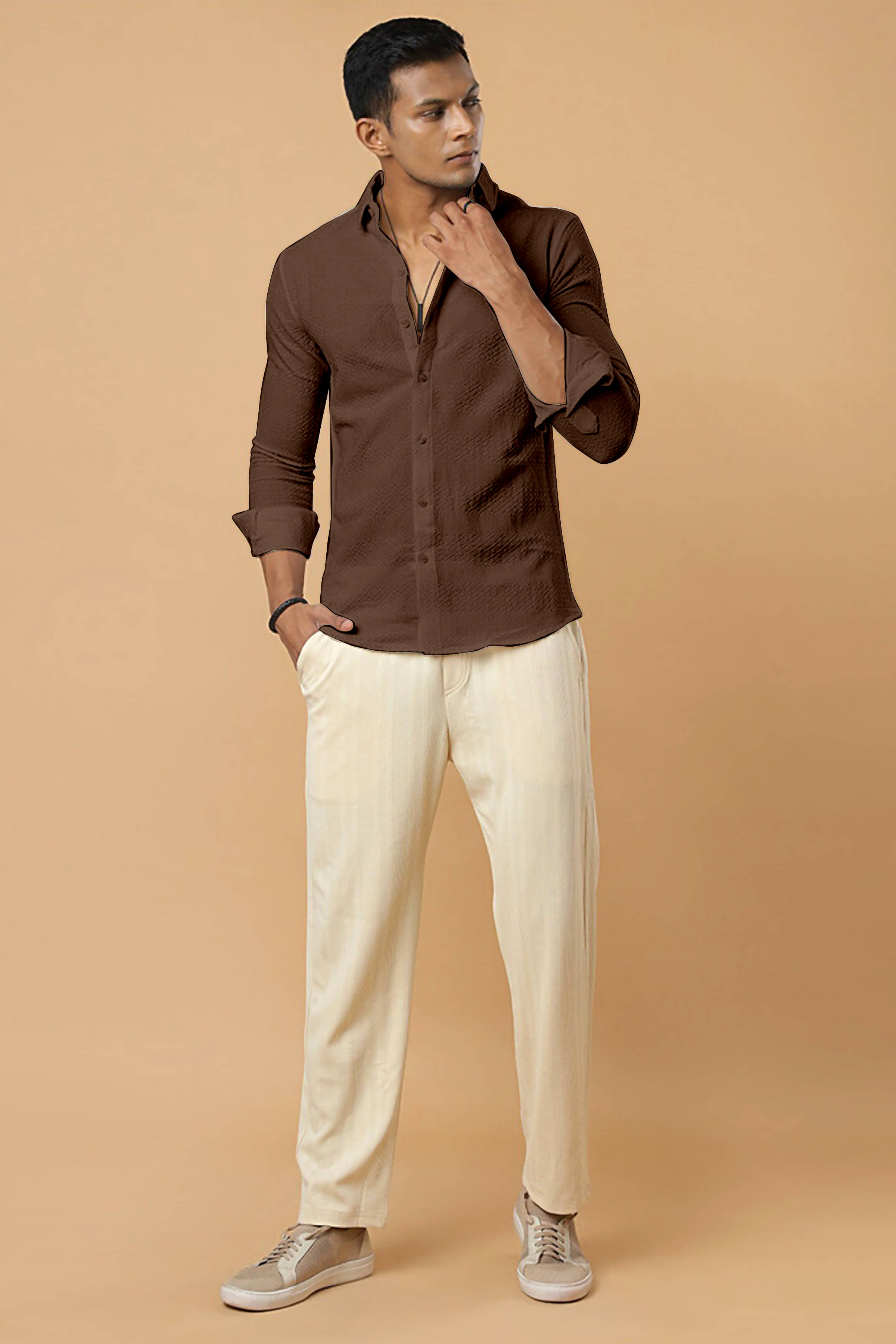     			ZEVBISA Poly Cotton Regular Fit Self Design Full Sleeves Men's Casual Shirt - Coffee ( Pack of 1 )
