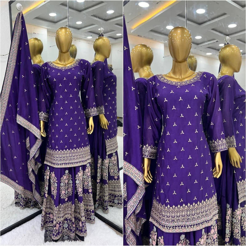     			rangvini Women Chiffon Embroidered Straight Kurti With Sharara And Gharara ( Purple )
