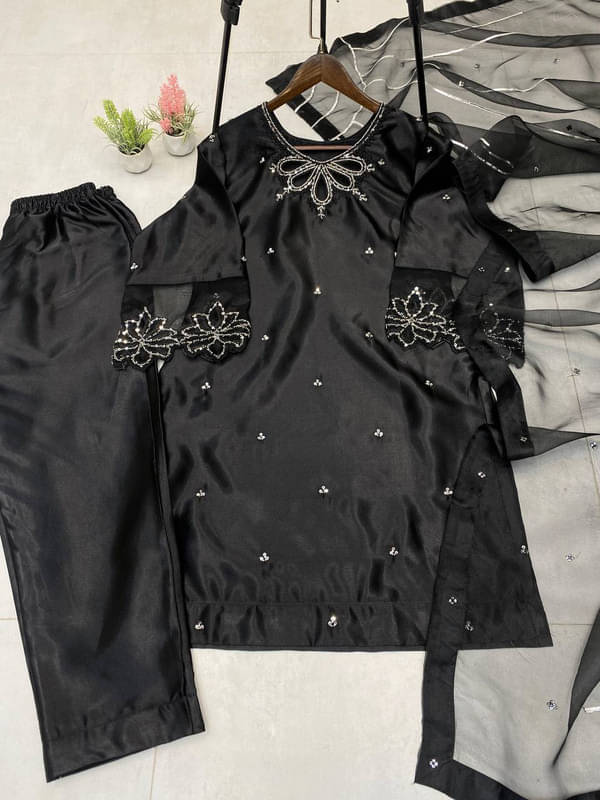 rangvini Women Satin Embroidered Straight Kurti With Pants ( Black ) rangvini Women Satin Embroidered Straight Kurti With Pants ( Black )