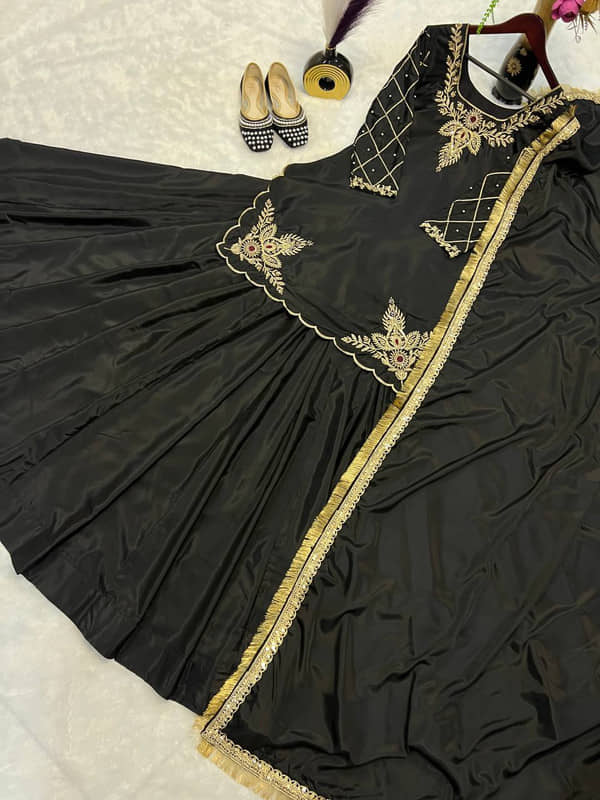 rangvini Women Silk Embroidered Straight Kurti With Sharara And Gharara ( Black )