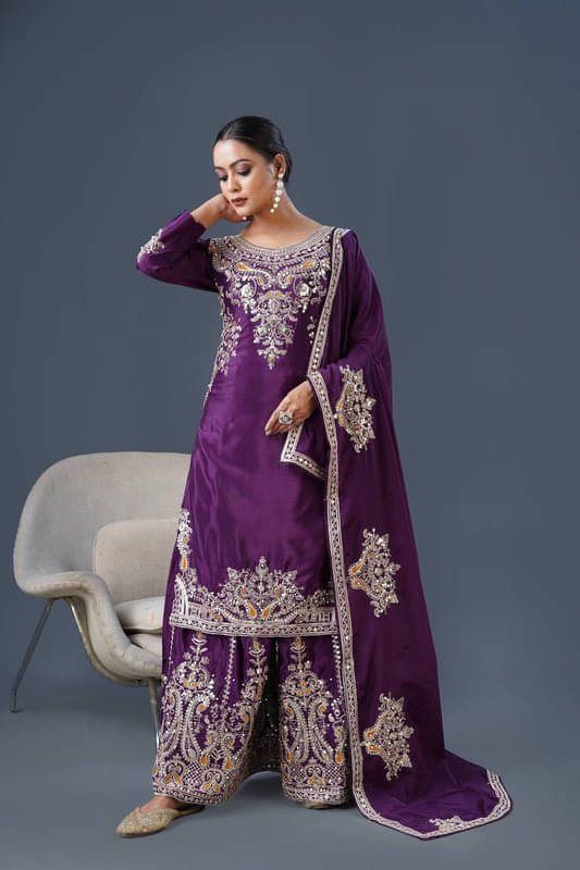     			rangvini Women Silk Embroidered Straight Kurti With Sharara And Gharara ( Wine )