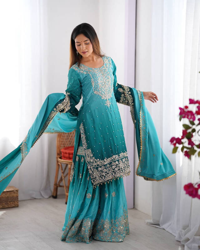 rangvini Women Silk Embroidered Straight Kurti With Sharara And Gharara ( Teal ) rangvini Women Silk Embroidered Straight Kurti With Sharara And Gharara ( Teal )
