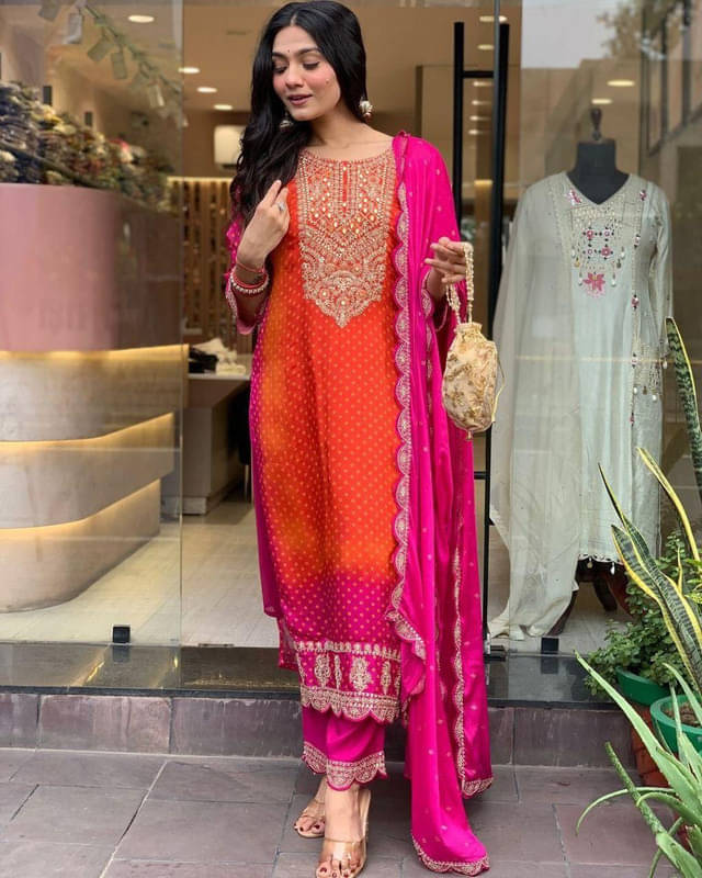 rangvini Women Silk Embroidered Straight Kurti With Pants ( Pink ) rangvini Women Silk Embroidered Straight Kurti With Pants ( Pink )