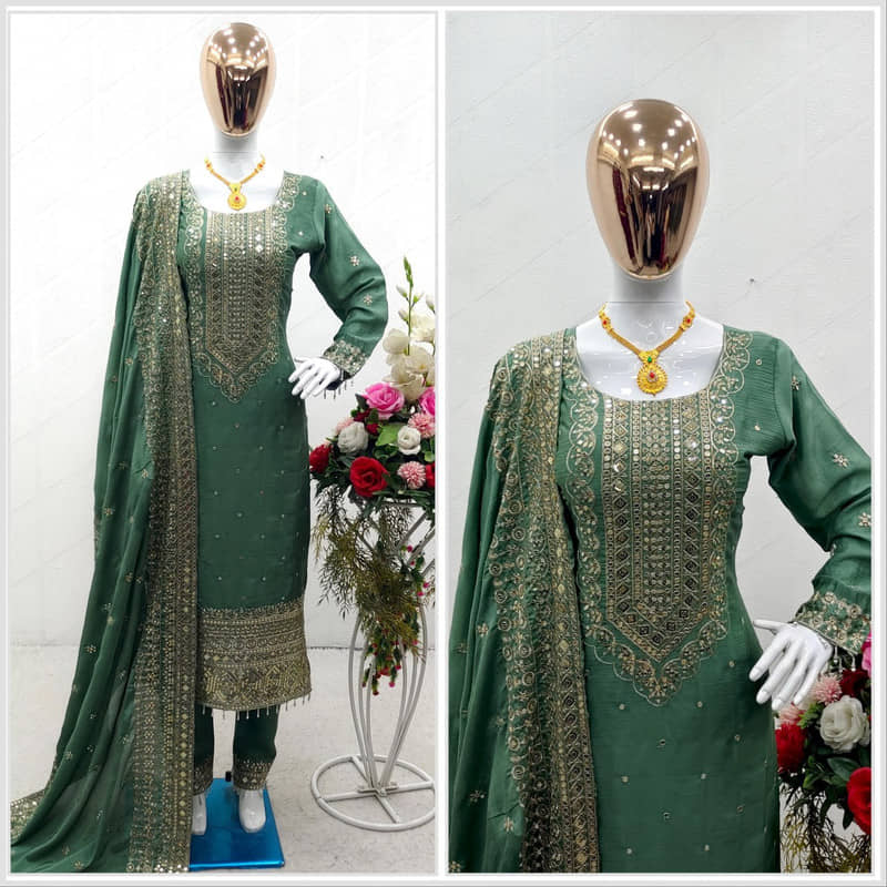 rangvini Women Silk Embroidered Straight Kurti With Pants ( Green )