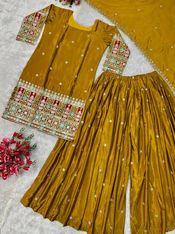     			rangvini Women Silk Embroidered Straight Kurti With Sharara And Gharara ( Gold )