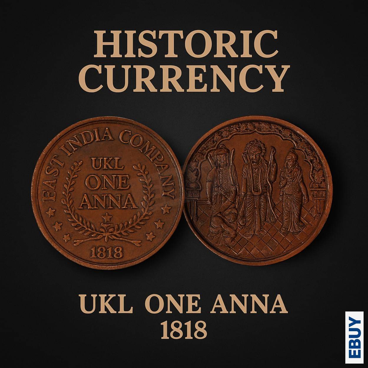 20 Gram UKL 1 Anna 1818 Ram, Sita, Laxman And Hanuman - East India Company old fancy Copper Coin 20 Gram UKL 1 Anna 1818 Ram, Sita, Laxman And Hanuman - East India Company old fancy Copper Coin