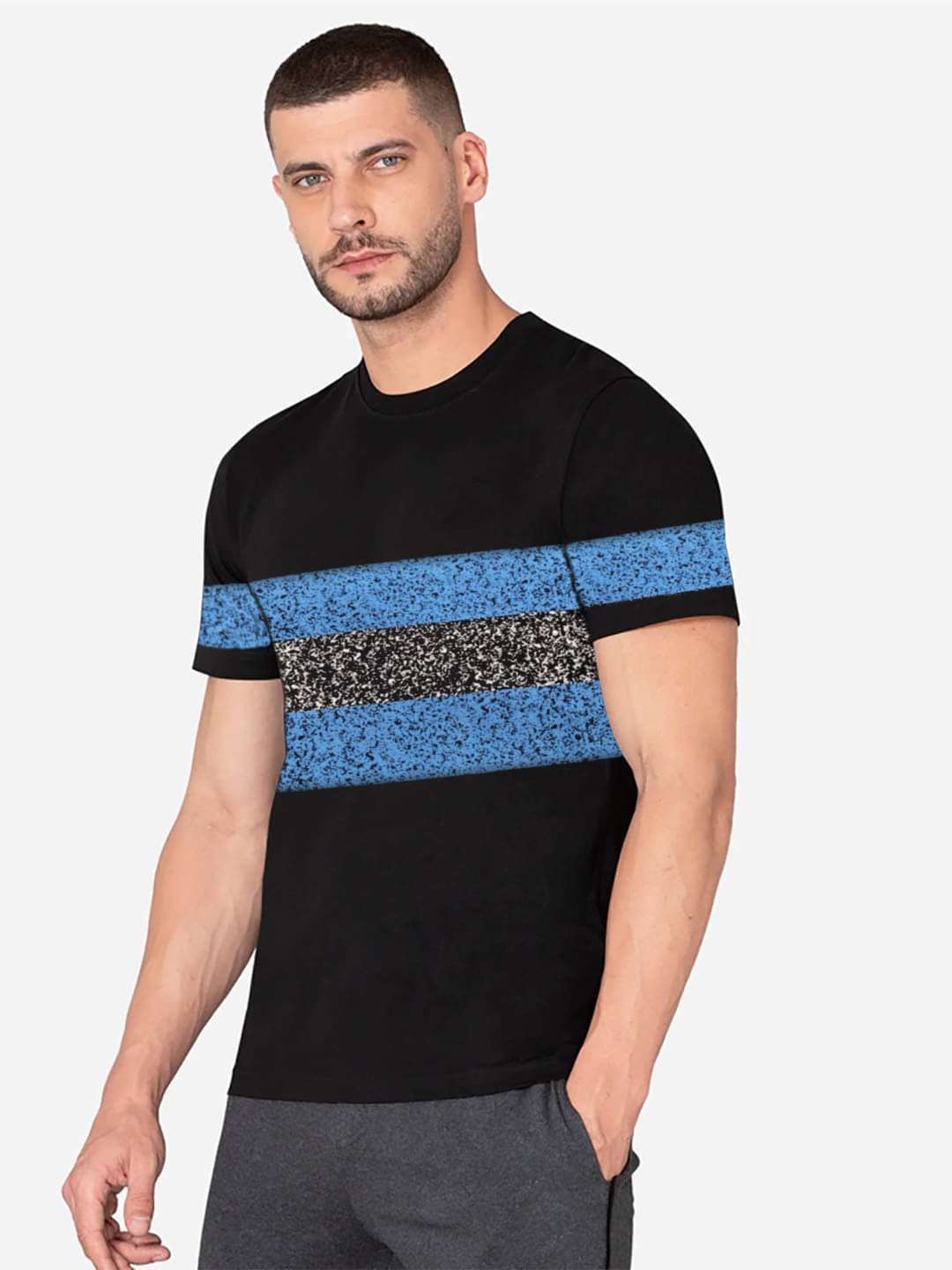     			9lkha Men Cotton Blend Regular Fit Striped T-Shirt ( Black )