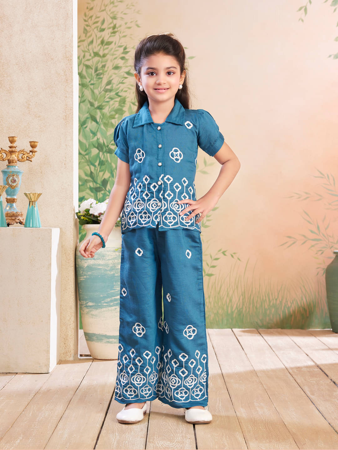     			Aarika Cotton Embroidered Top With Trouser Co-Ord Set For Girls ( Blue )