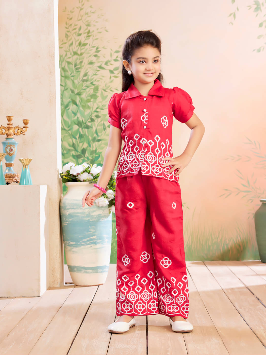     			Aarika Cotton Embroidered Top With Trouser Co-Ord Set For Girls ( Red )