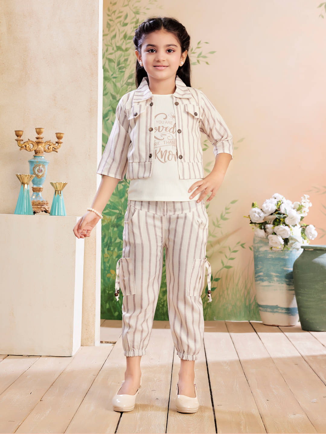     			Aarika Cotton Striped Jacket With Trouser Co-Ord Set For Girls ( Cream )