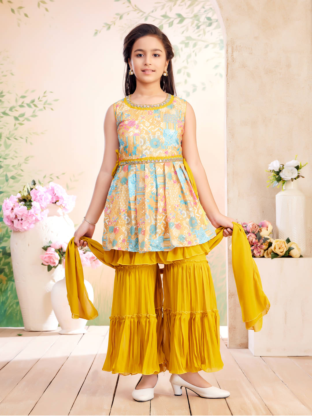     			Aarika Girls Georgette Kurti with Sharara ( Pack of 1 , Mustard )