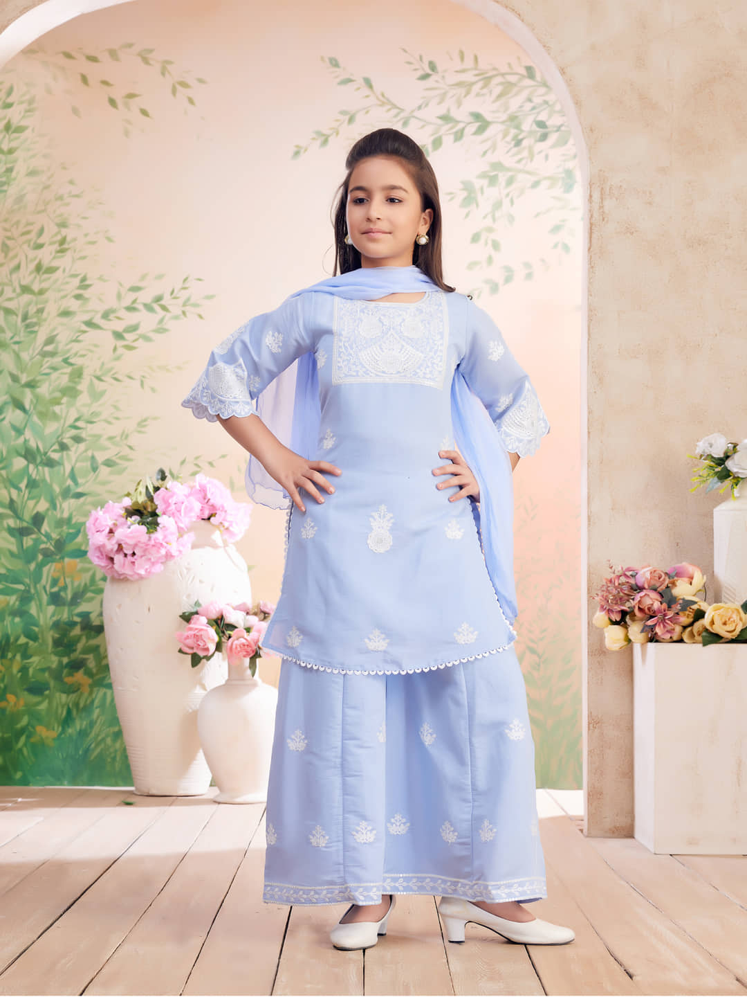 Aarika Girls Silk Kurti with Pants ( Pack of 1 , Sky Blue )