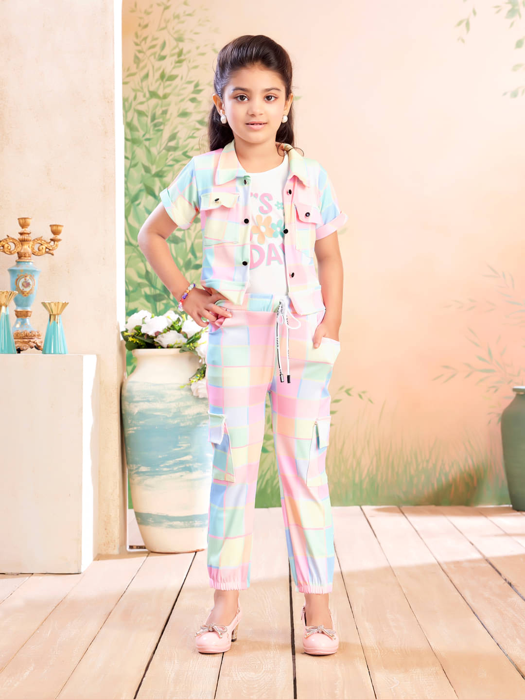     			Aarika Polyester Blend Checks Shirt With Trouser Co-Ord Set For Girls ( Pink )