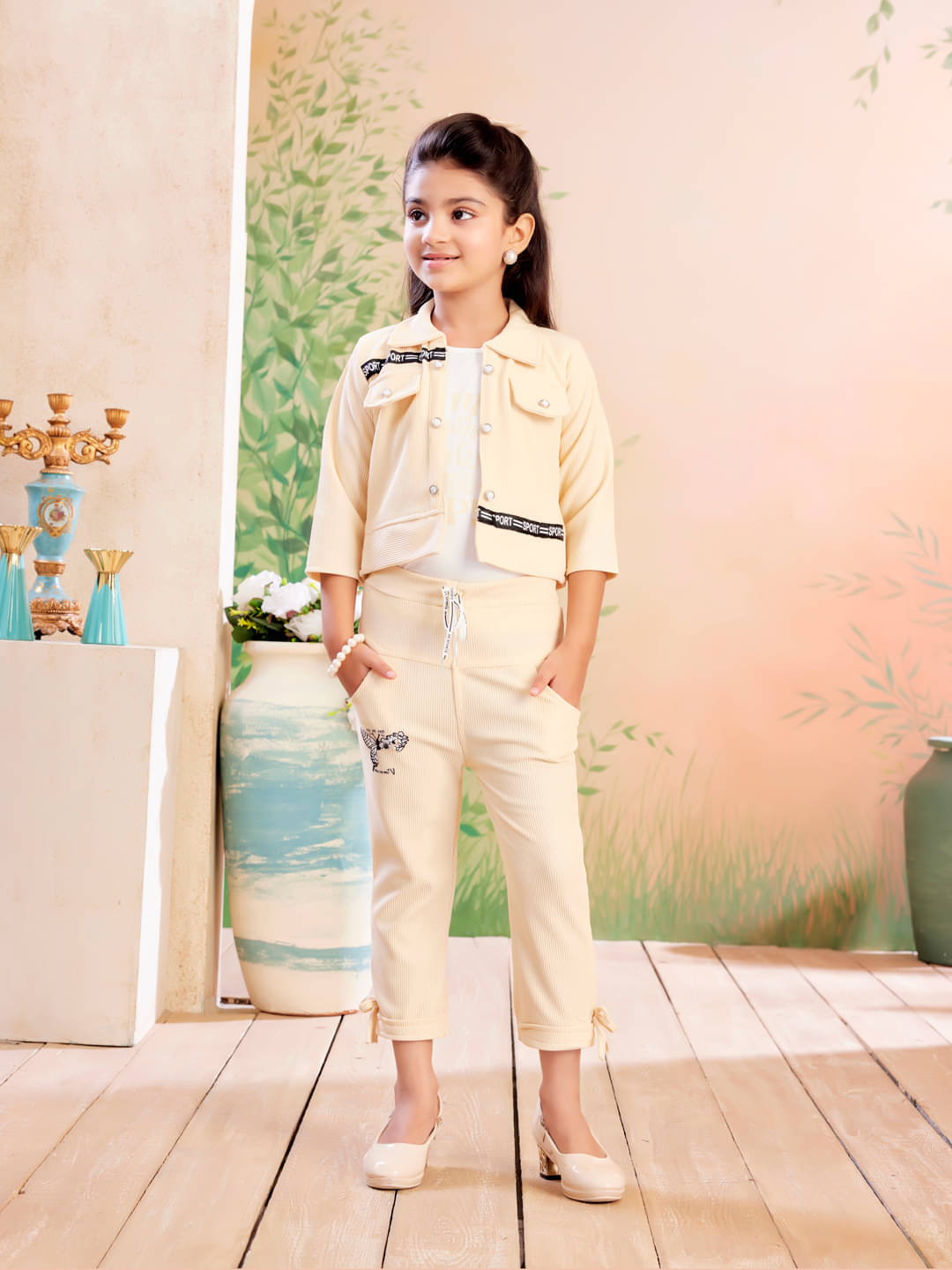     			Aarika Polyester Blend Solid Jacket With Trouser Co-Ord Set For Girls ( Beige )