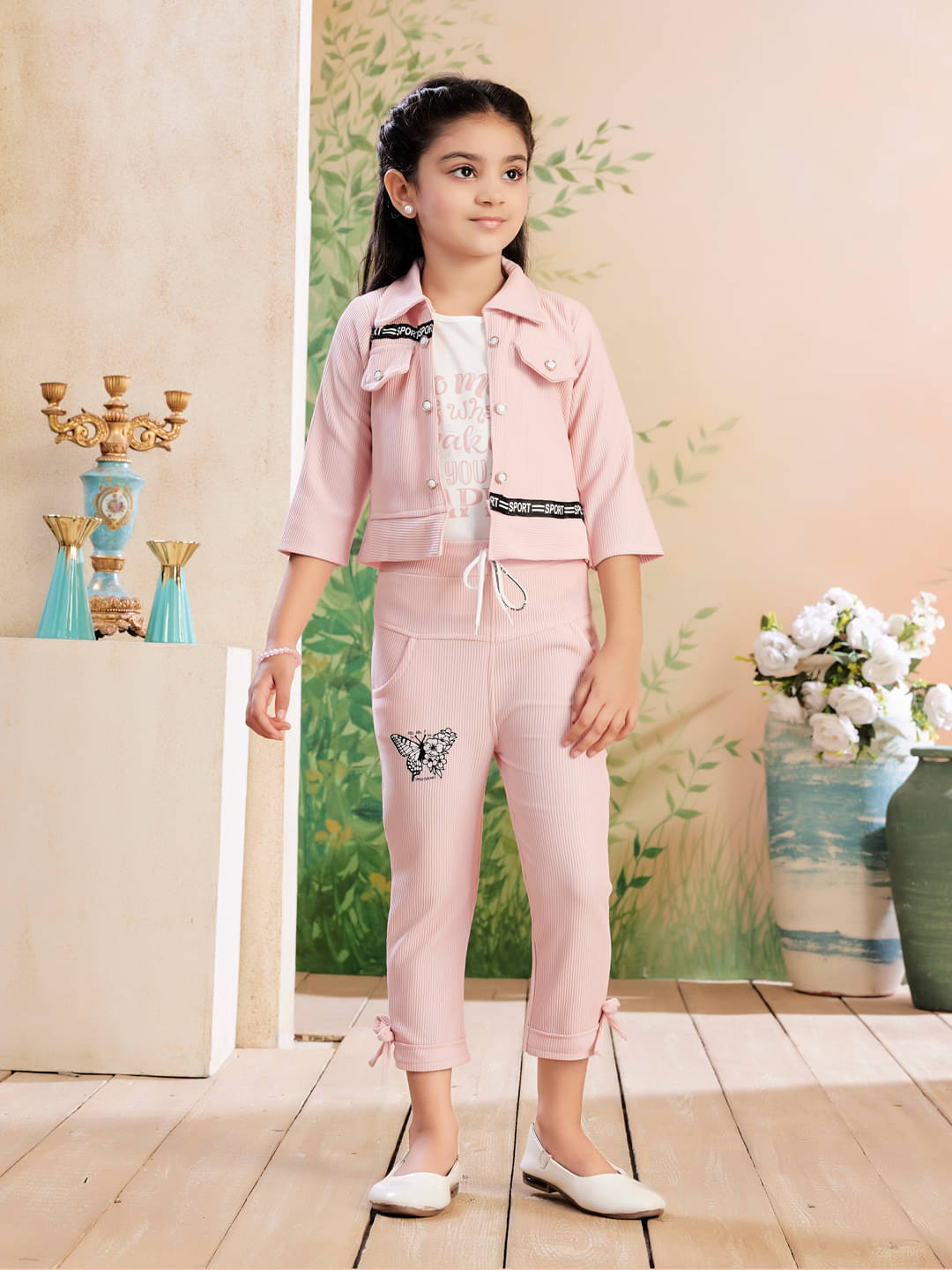     			Aarika Polyester Blend Solid Jacket With Trouser Co-Ord Set For Girls ( Pink )