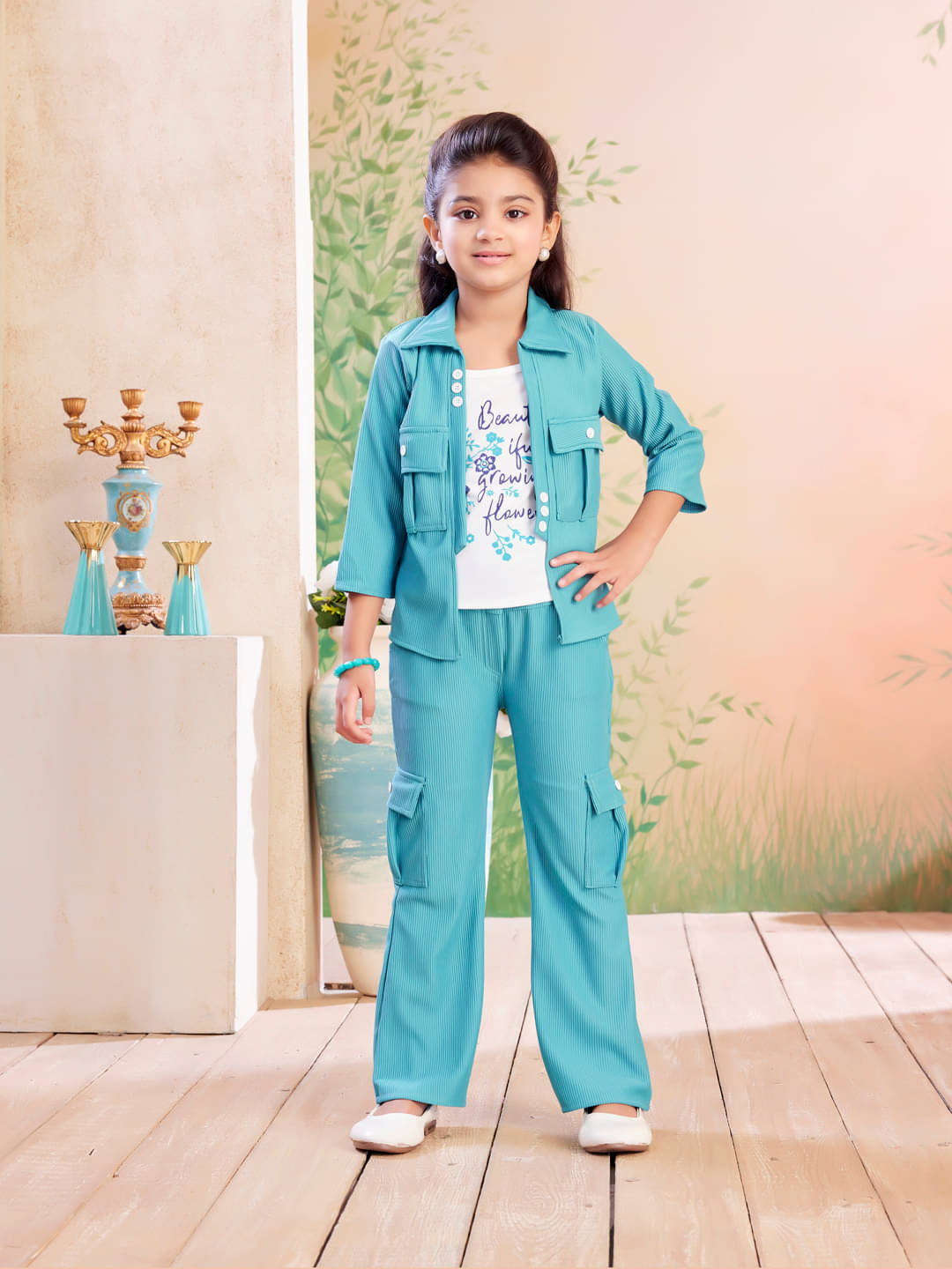     			Aarika Polyester Blend Solid Shirt With Trouser Co-Ord Set For Girls ( Green )