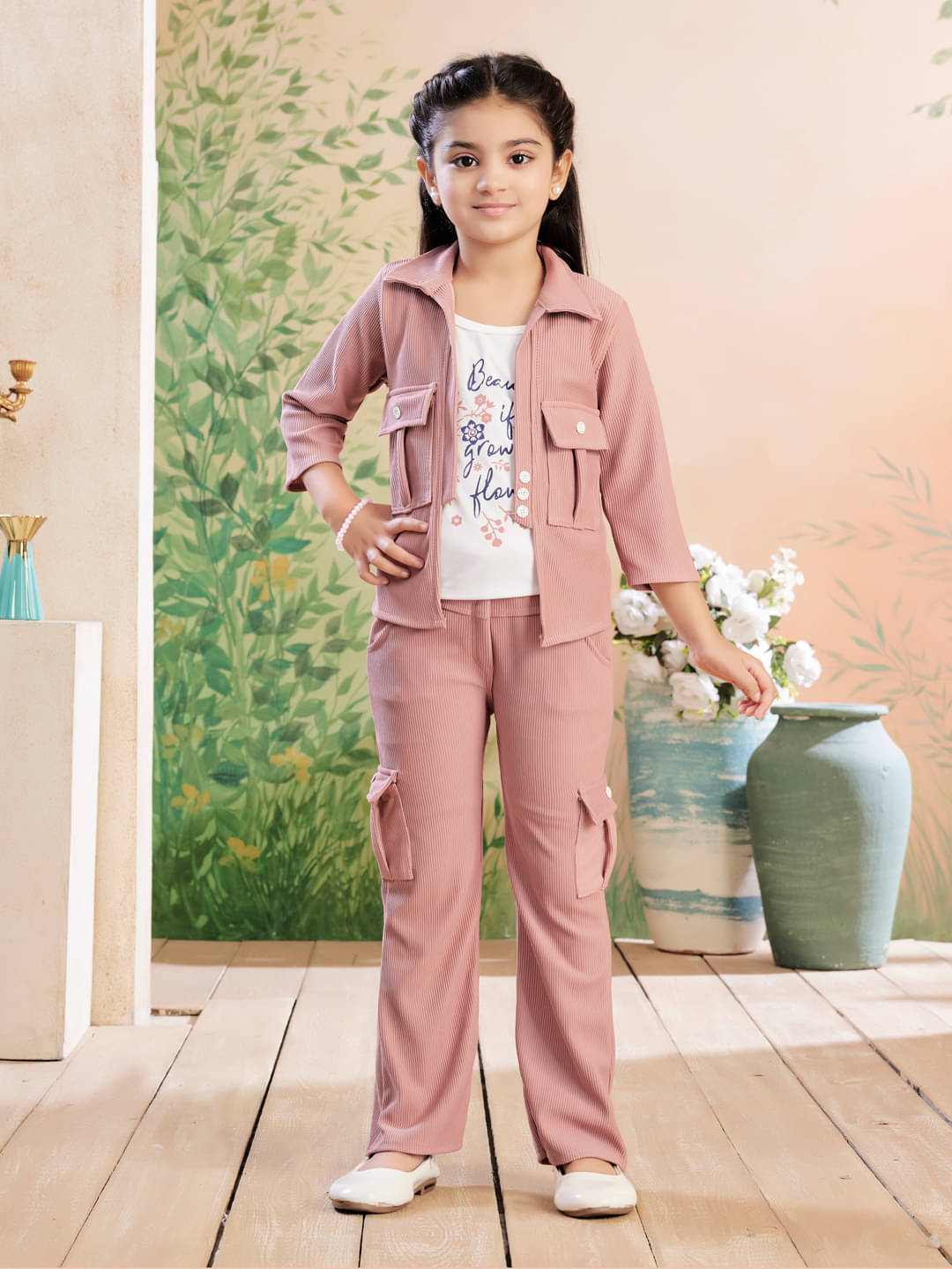     			Aarika Polyester Blend Solid Shirt With Trouser Co-Ord Set For Girls ( Peach )