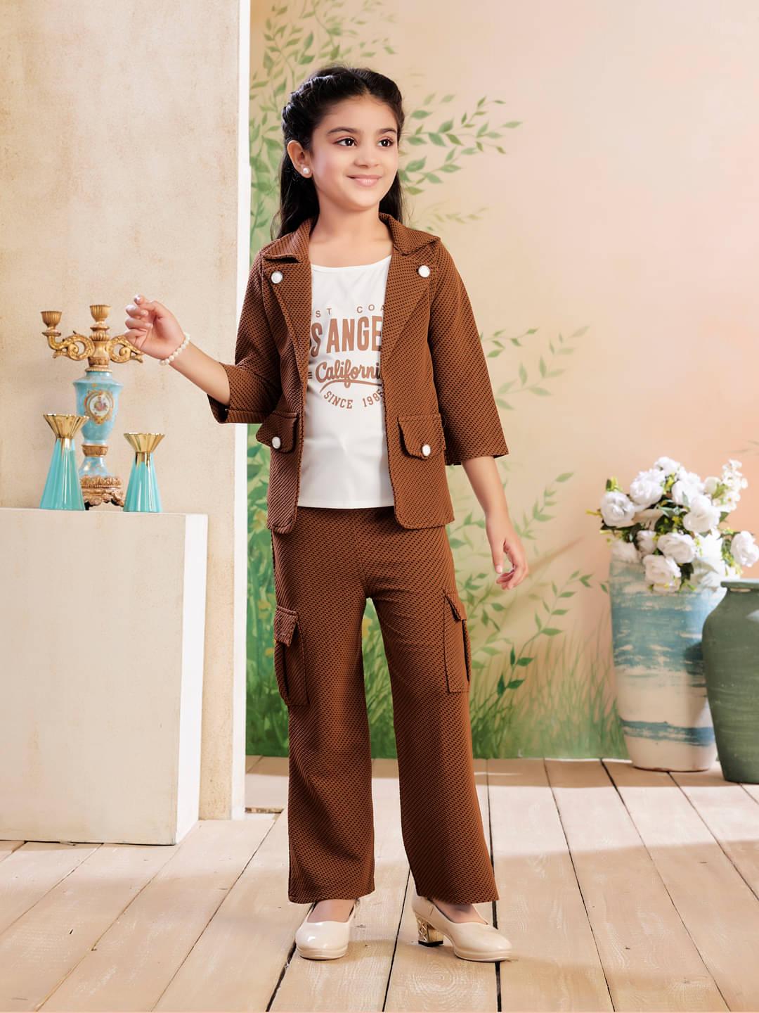     			Aarika Polyester Solid T-shirt With Trouser Co-Ord Set For Girls ( Brown )