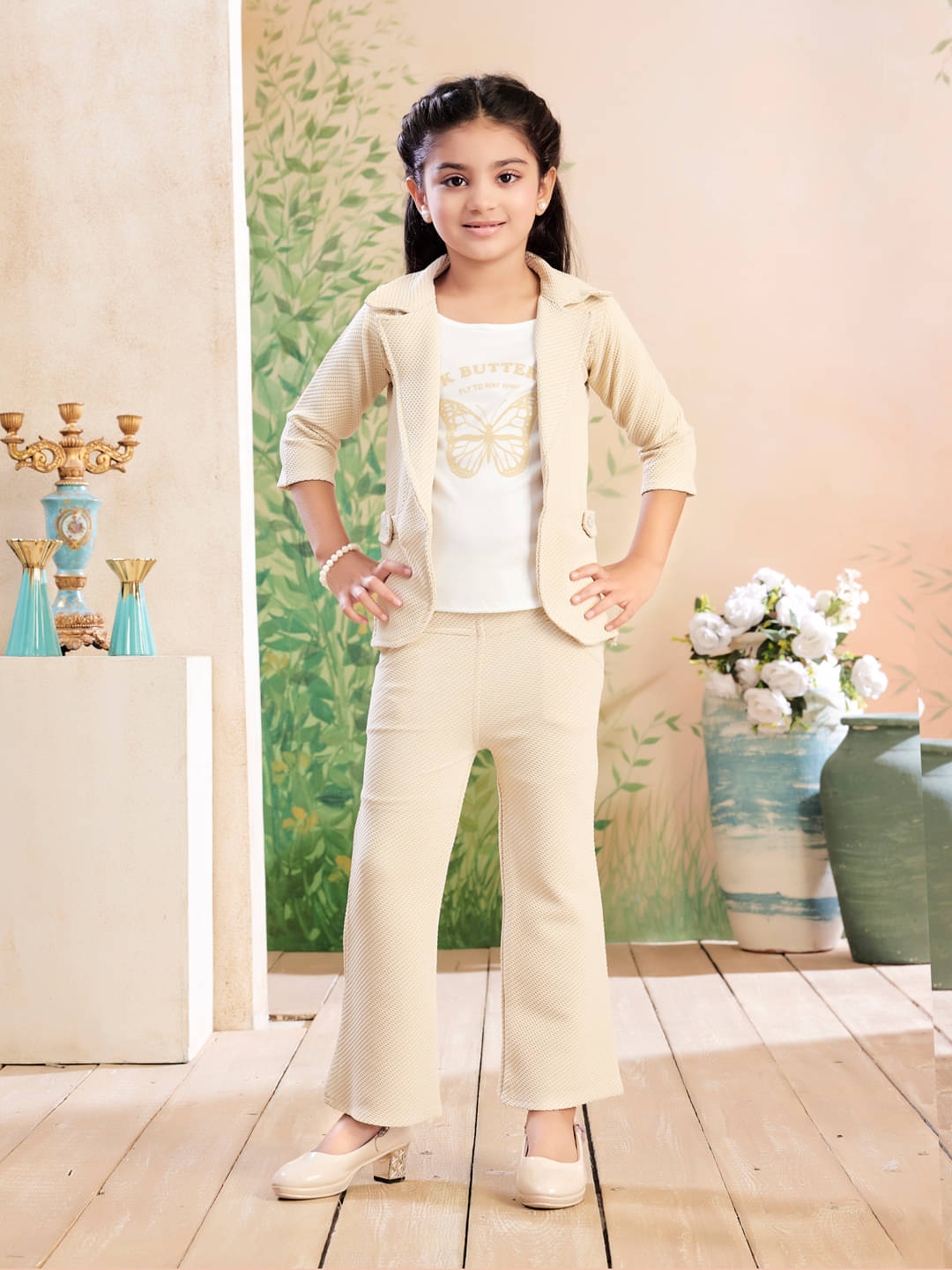     			Aarika Polyester Solid T-shirt With Trouser Co-Ord Set For Girls ( Beige )