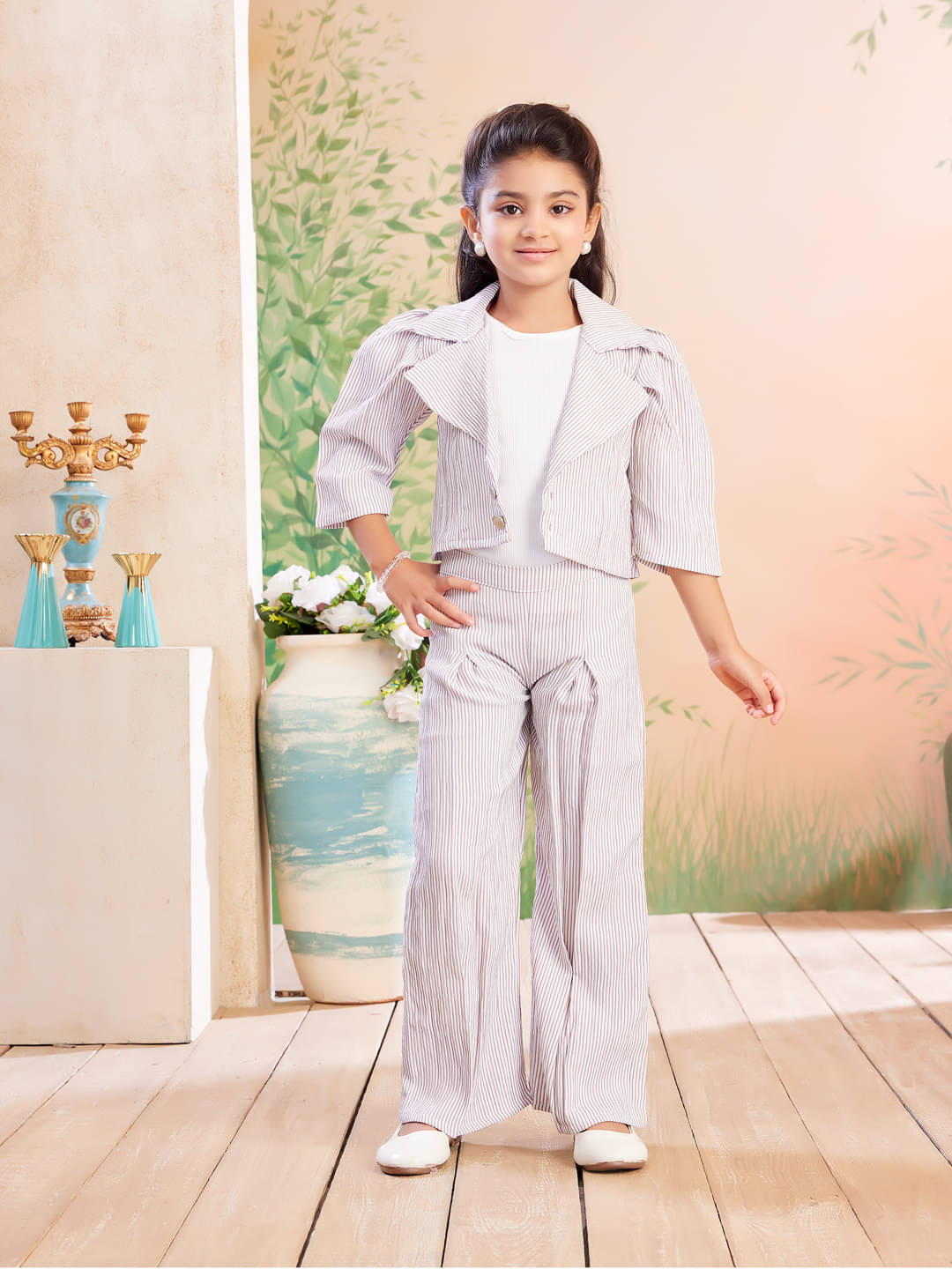     			Aarika Polyester Striped Top With Trouser Co-Ord Set For Girls ( Peach )