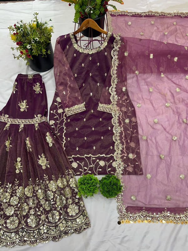 BHAGYASHRAY Women Net Embroidered Straight Kurti With Sharara And Gharara ( Multicoloured )