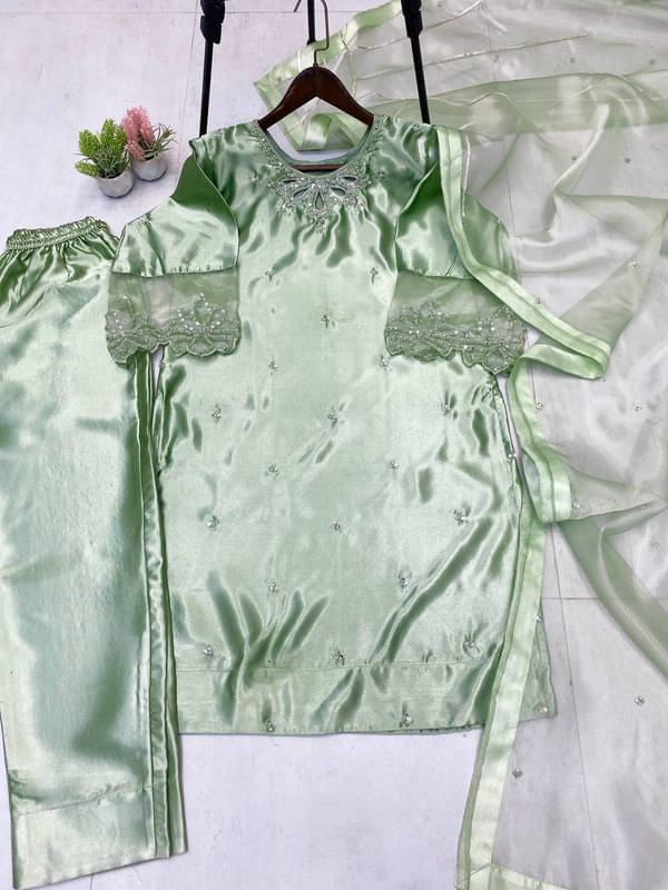 BHAGYASHRAY Women Satin Embroidered Straight Kurti With Pants ( Light Green ) BHAGYASHRAY Women Satin Embroidered Straight Kurti With Pants ( Light Green )