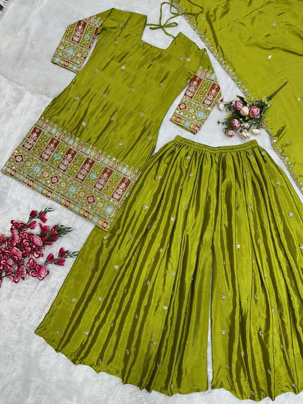    			BHAGYASHRAY Women Silk Embroidered Straight Kurti With Sharara And Gharara ( Green )