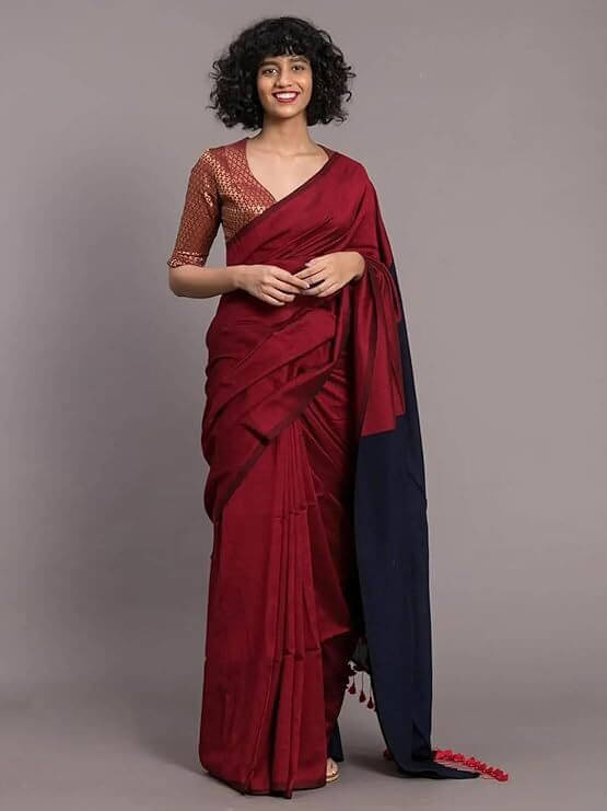 BRYNBRIT Cotton Blend Colorblock Regular Saree Without Blouse Piece ( Red ) BRYNBRIT Cotton Blend Colorblock Regular Saree Without Blouse Piece ( Red )