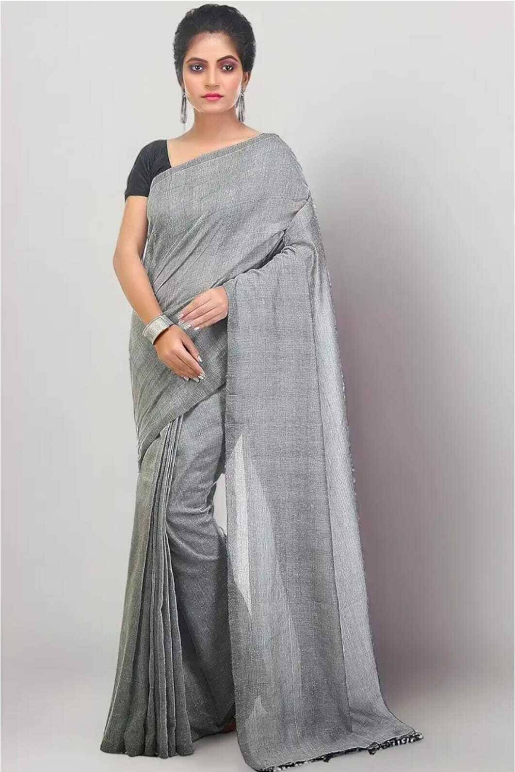     			BRYNBRIT Cotton Blend Embellished Regular Saree With Unstitched Blouse Piece ( Grey )