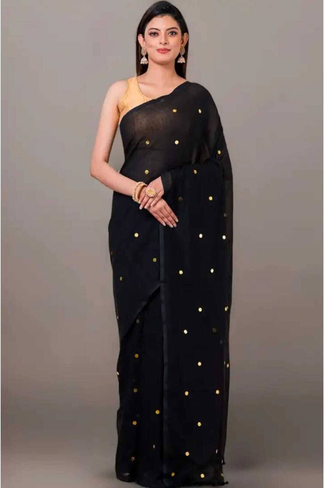 BRYNBRIT Cotton Blend Printed Regular Saree With Unstitched Blouse Piece ( Black ) BRYNBRIT Cotton Blend Printed Regular Saree With Unstitched Blouse Piece ( Black )