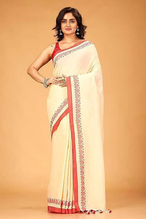 BRYNBRIT Cotton Blend Printed Regular Saree Without Blouse Piece ( Beige ) BRYNBRIT Cotton Blend Printed Regular Saree Without Blouse Piece ( Beige )