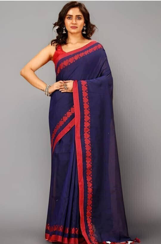    			BRYNBRIT Cotton Blend Self Design Regular Saree Without Blouse Piece ( Blue )